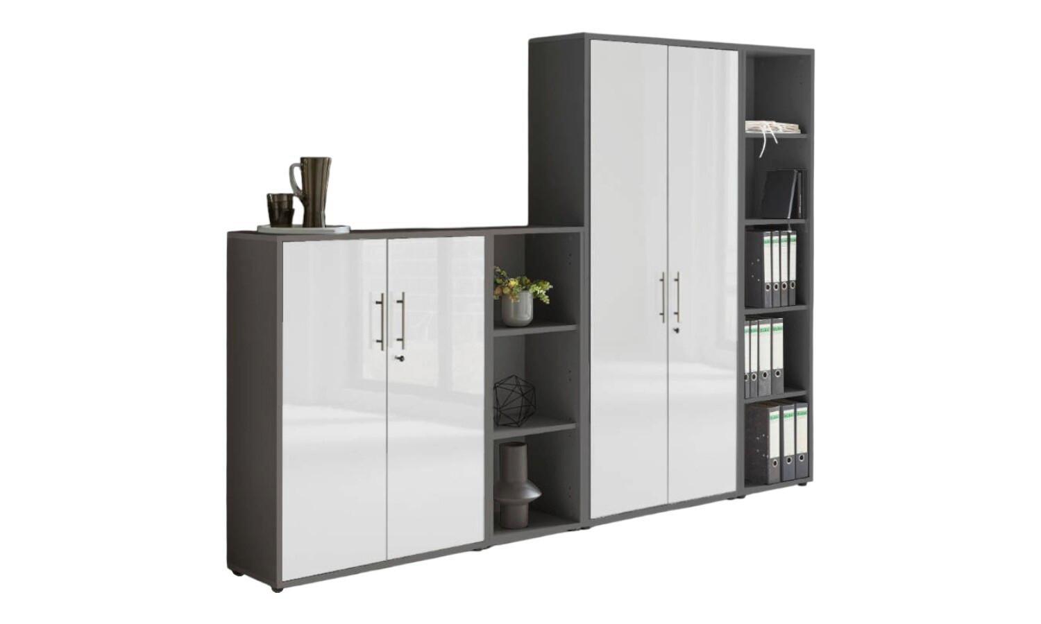 AKTENSCHRANK OFFICE EDITION - SW SET 4 - Weiß Hochglanz/Anthrazit, MODERN, Holzwerkstoff (128,5/185,6/33cm) - MID.YOU