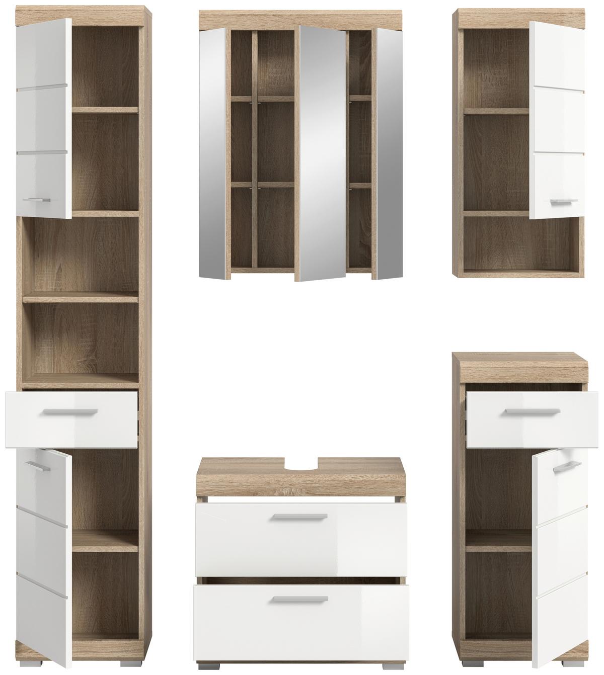 Badezimmer Lambada Eiche Dekor/weiß B: 134 Cm - Weiß Hochglanz/Sonoma Eiche, MODERN, Glas/Holzwerkstoff (134cm) - MID.YOU