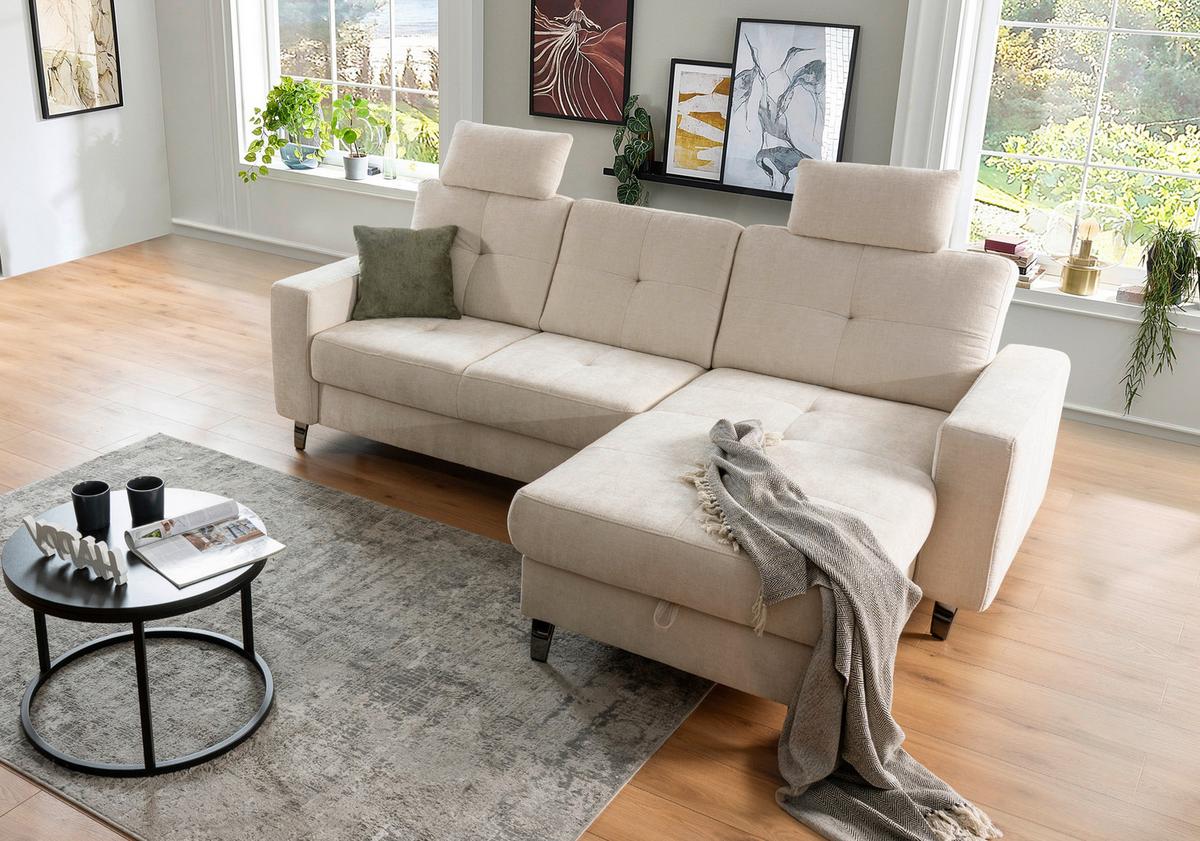 Ecksofa Varese mit Bettkasten Naturfarben 239x164 cm - Beige/Schwarz, KONVENTIONELL, Textil (239/164cm) - James Wood