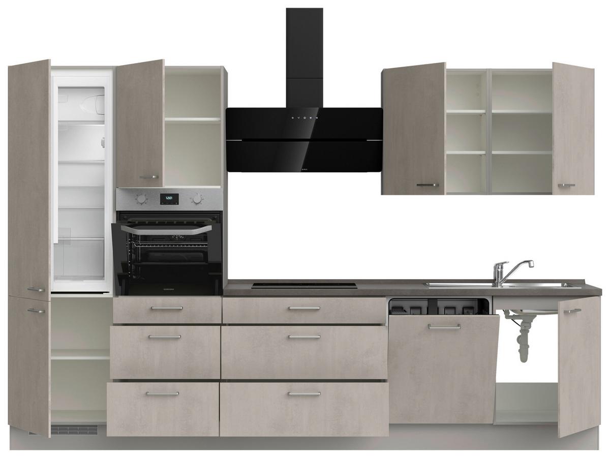 Kuchynská linka 330 cm, šedý betón/ kamenná šedá - sivá/farba ušľachtilej ocele, Modern, kov/kompozitné drevo (330cm) - Nobilia