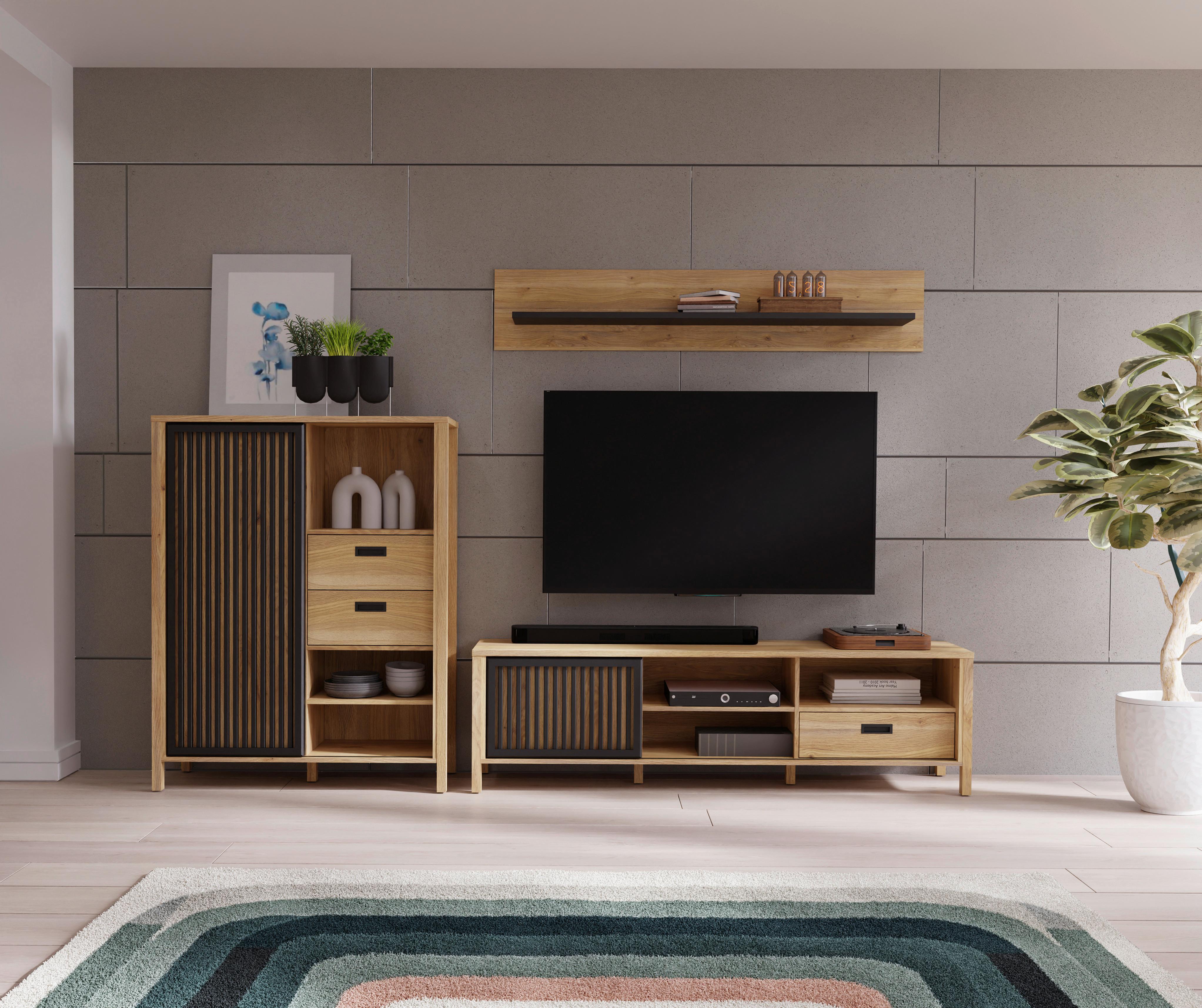 KOMODA POD TELEVIZI JYTANA - černá/barvy dubu, Moderní, kompozitní dřevo (174,8/49,9/40,2cm)