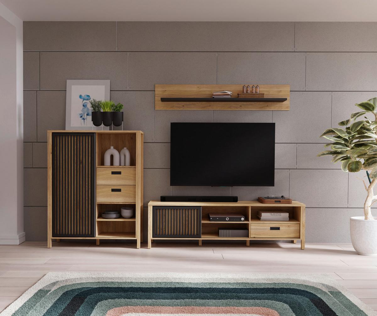 KOMODA POD TELEVIZI JYTANA - černá/barvy dubu, Moderní, kompozitní dřevo (174,8/49,9/40,2cm)