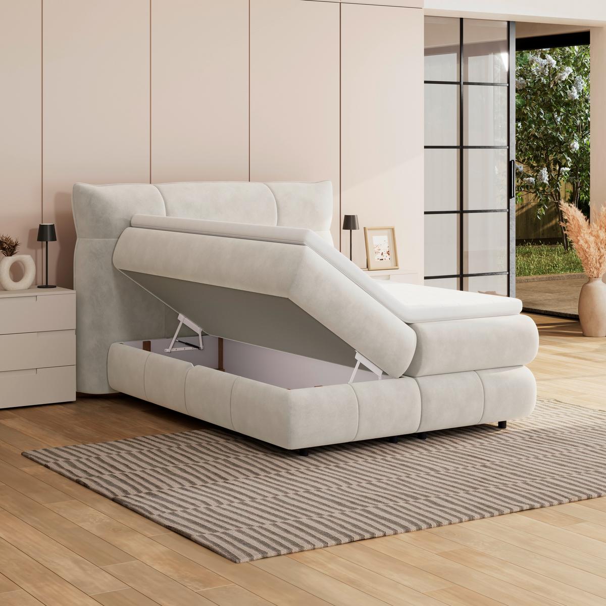 Boxspringbett Carmelo Creme 140x200 cm H3 - Creme/Schwarz, Trend, Textil (140/200cm)