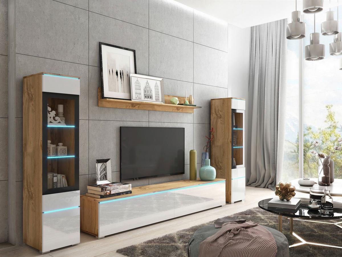 Obývacia stena s LED dekor dub Wotan/biela VL - sivá/biela s vysokým leskom, Lifestyle, kompozitné drevo/plast (240/130/33cm) - P & B