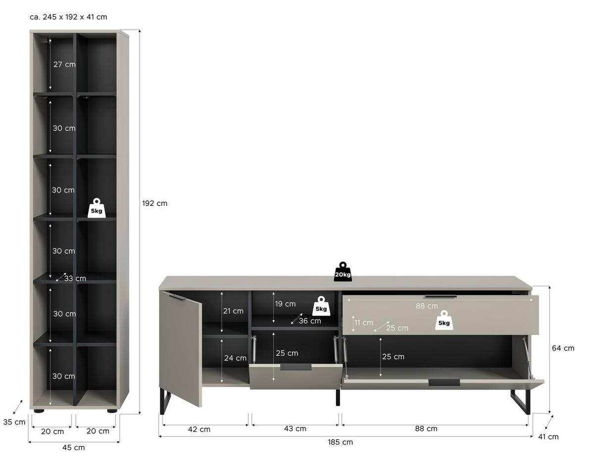 Wohnwand Noida Kaschmirfarben /Schwarz B: 245cm - Kaschmir/Schwarz, Design, Holzwerkstoff (245/192/41cm) - Livetastic