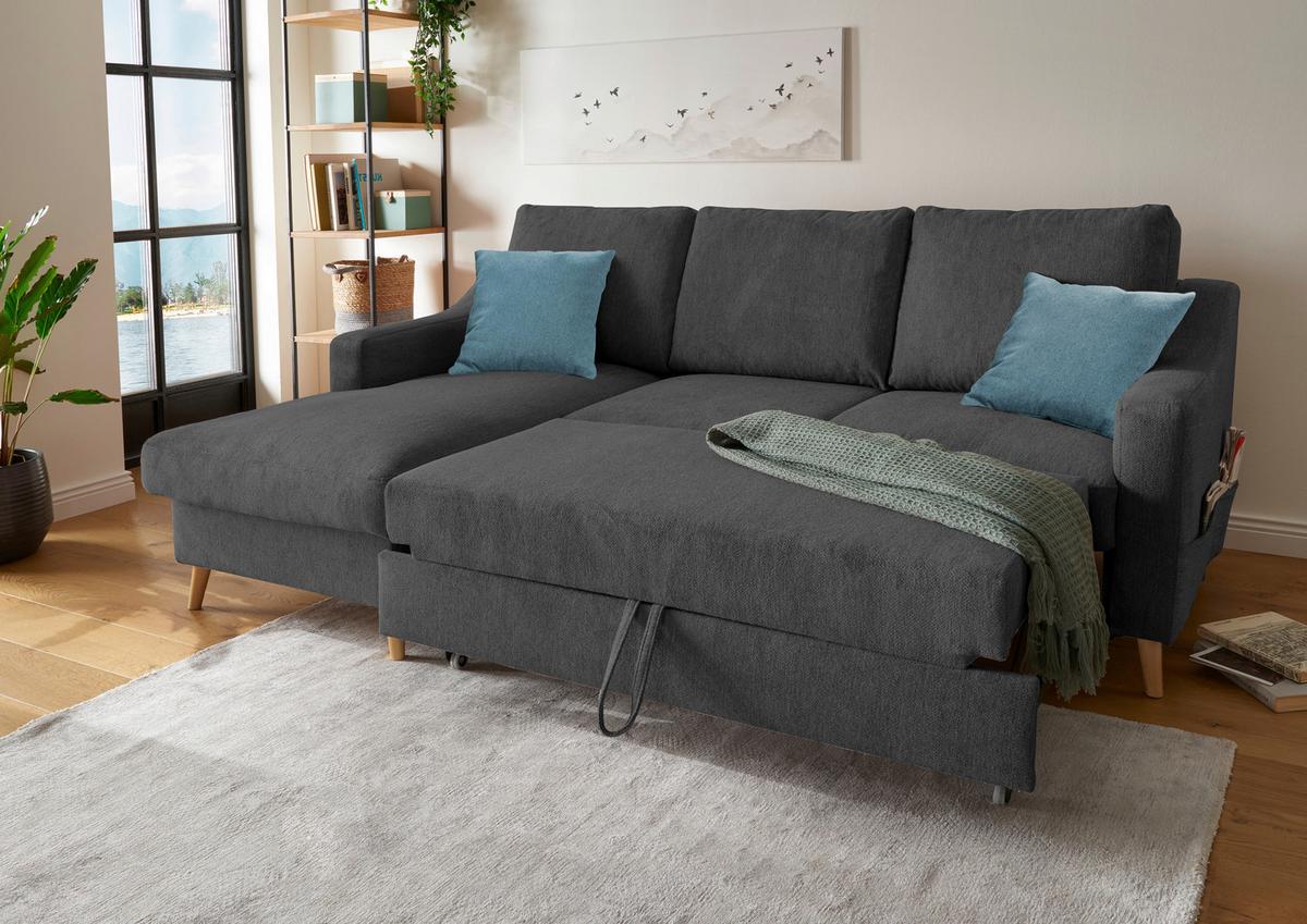 Ecksofa Mit Bettkasten Valentina Schwarz Massiv - Blau/Schwarz, Design, Textil (150/228cm) - MID.YOU