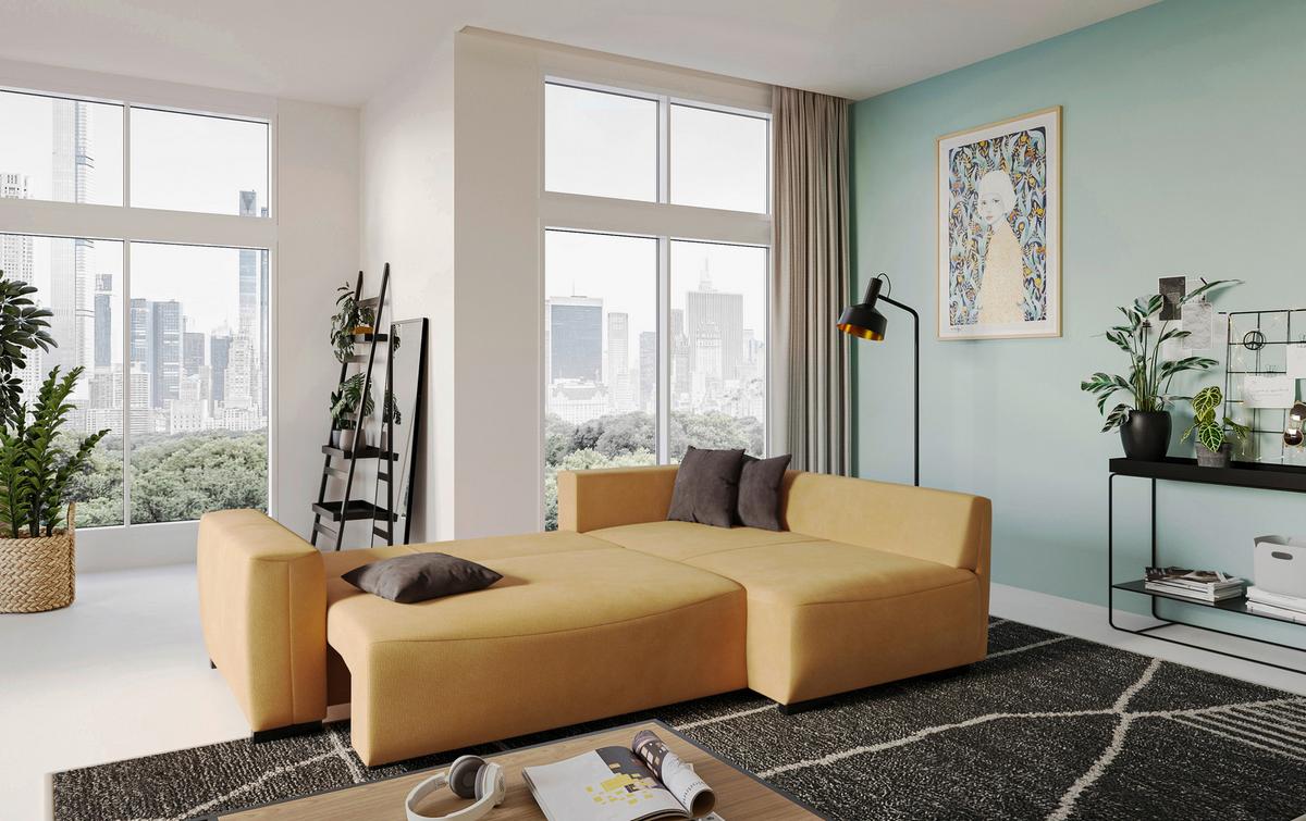 Rohová sedačka GIRO OTM, oboustranná, hořčicově žlutá - černá/hořčicově žlutá, Trend, textil/plast (252/170cm)