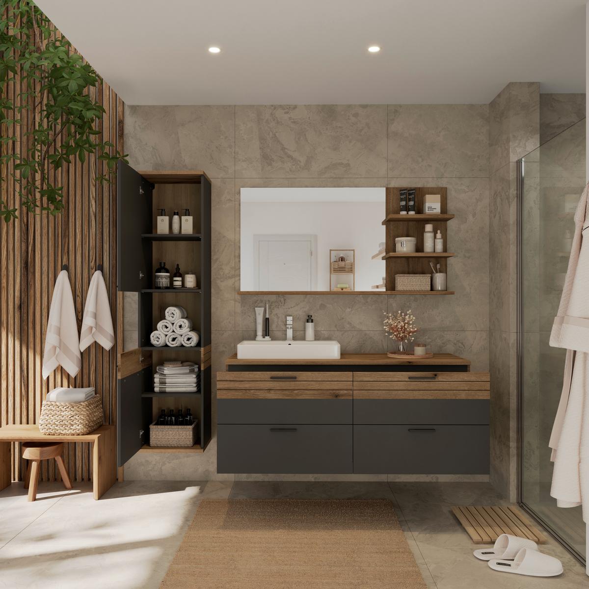 Badezimmer Hochschrank Cotia Cotls 40x170 cm Anthrazit - Eichefarben/Anthrazit, MODERN, Holzwerkstoff (40/170/30cm) - James Wood