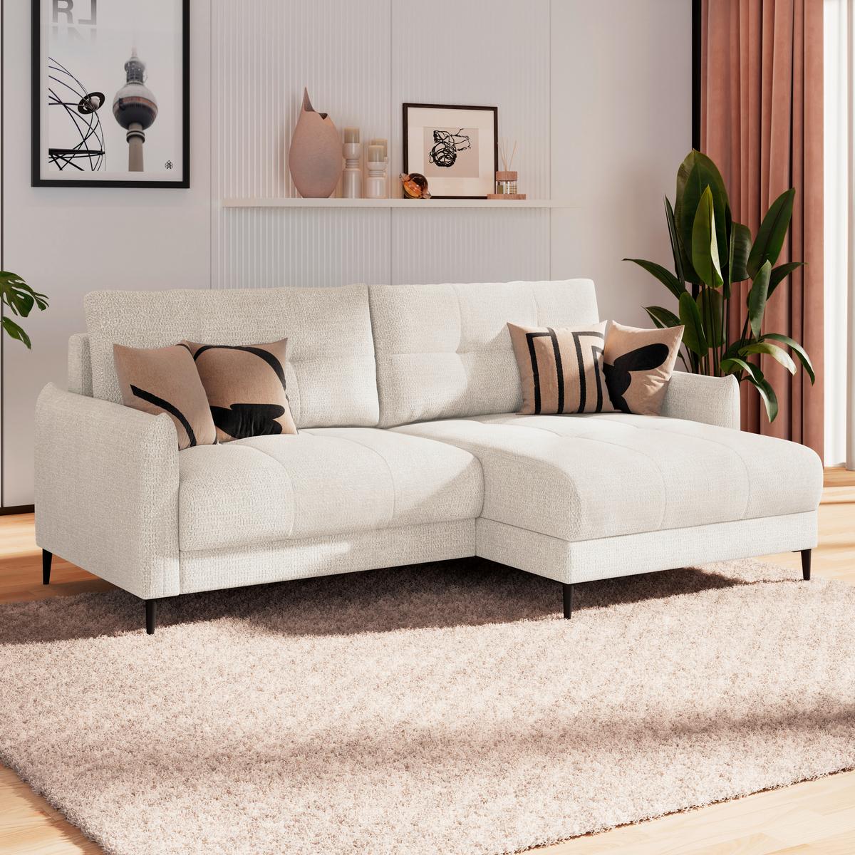 Ecksofa Polis Webstoff weiß, 221x142cm - Schwarz/Weiß, Trend, Textil (221/142cm) - Ondega