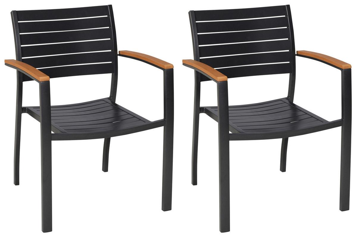 Gartenstuhlset 2er Stapelbar - Graphitfarben/Naturfarben, KONVENTIONELL, Kunststoff/Metall (55/84/61cm) - Gardenson