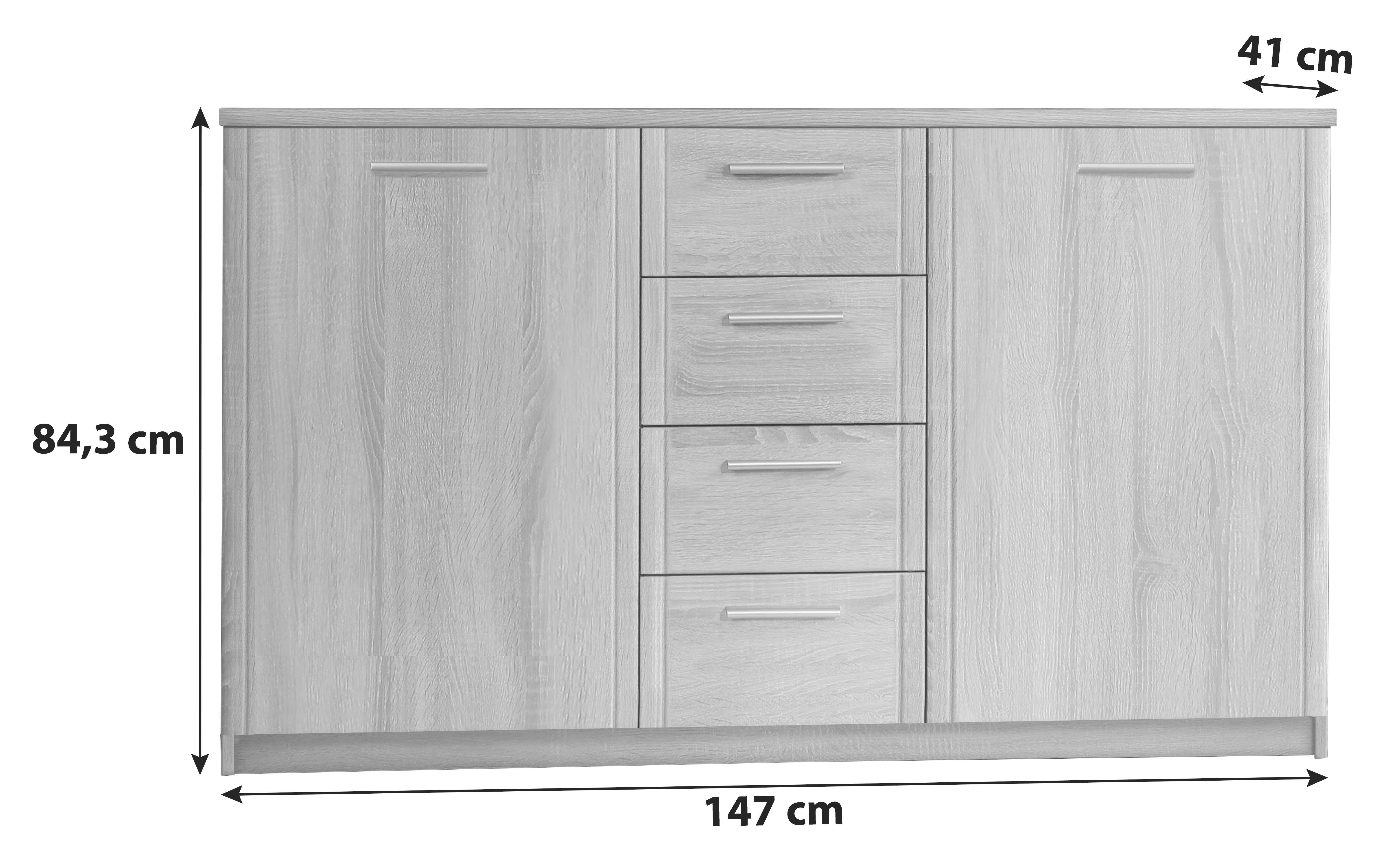 Sideboard 147 cm Gloria, Sonoma Eiche Dekor - Schwarz/Sonoma Eiche, Basics, Holzwerkstoff/Kunststoff (147/84.3/41cm)