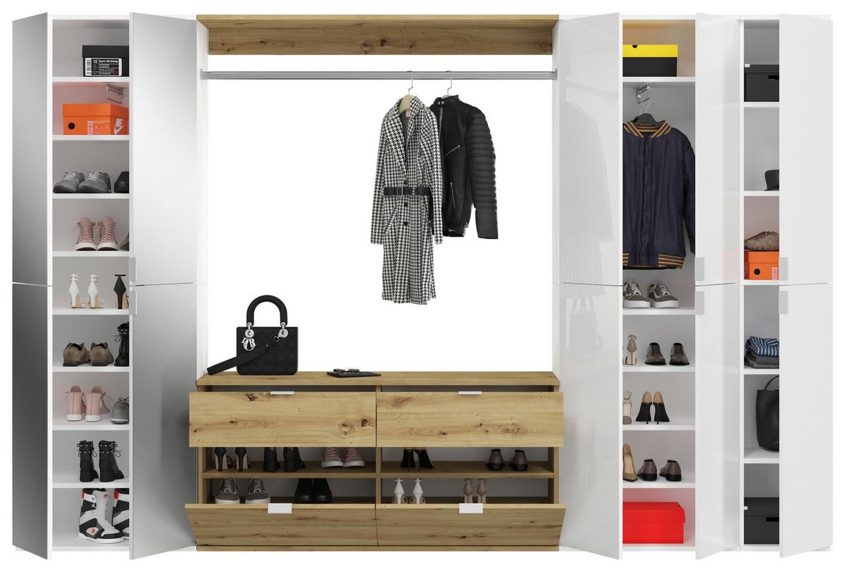 Garderobe Projekt X 4-Teilig Weiß/Eiche Artisan B: 273 cm - Weiß Hochglanz, KONVENTIONELL, Glas/Holzwerkstoff (273/193/34cm) - MID.YOU