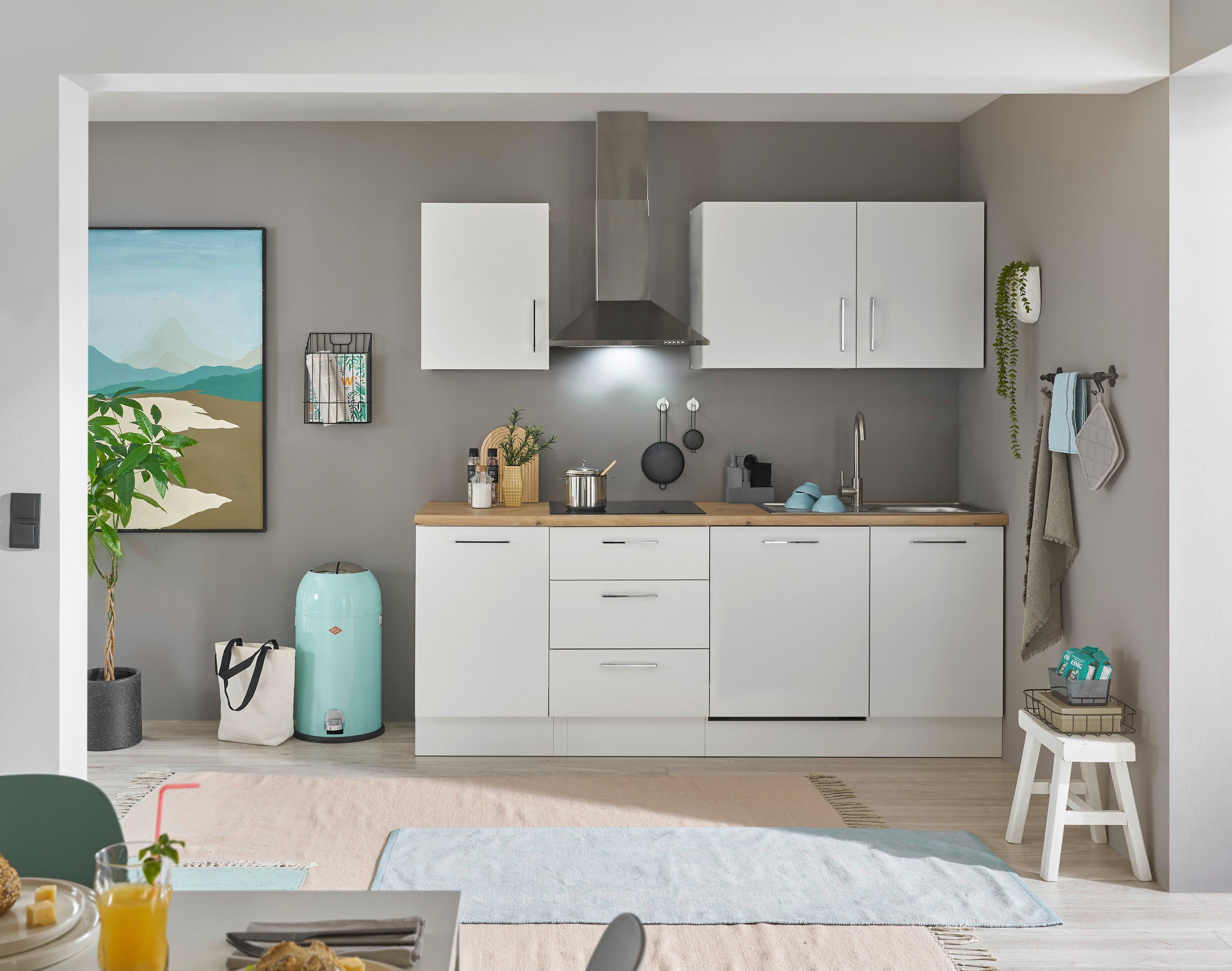 Kuchynský blok TURIN bez spotrebičov, šírka 220 cm - biela/chrómová, Trend, kov/kompozitné drevo (220cm) - MID.YOU