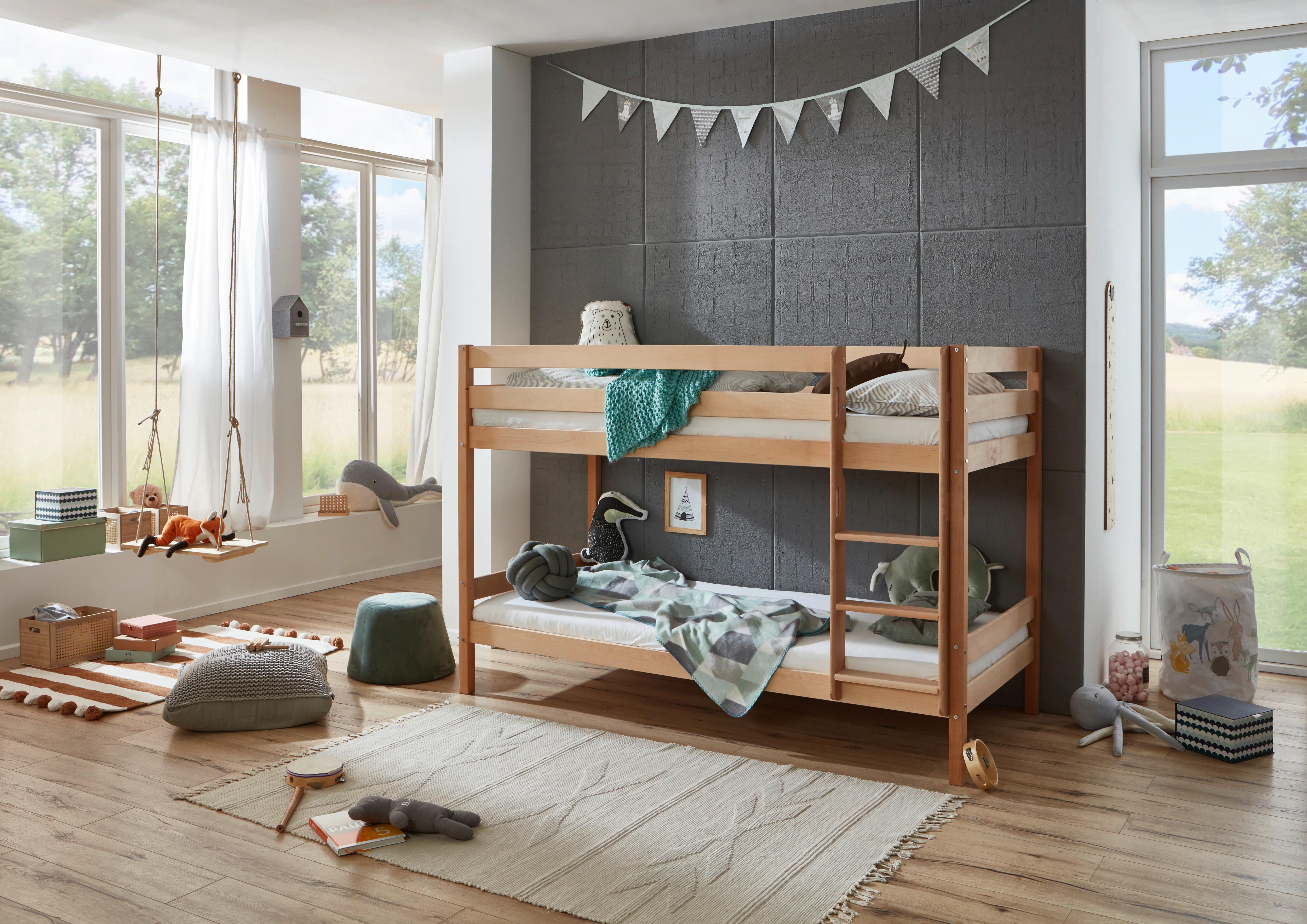 Etagenbett Lupo 2 Natur Buche Massiv mit Absturzsicherung - Buchefarben, KONVENTIONELL, Holz (90/200cm)