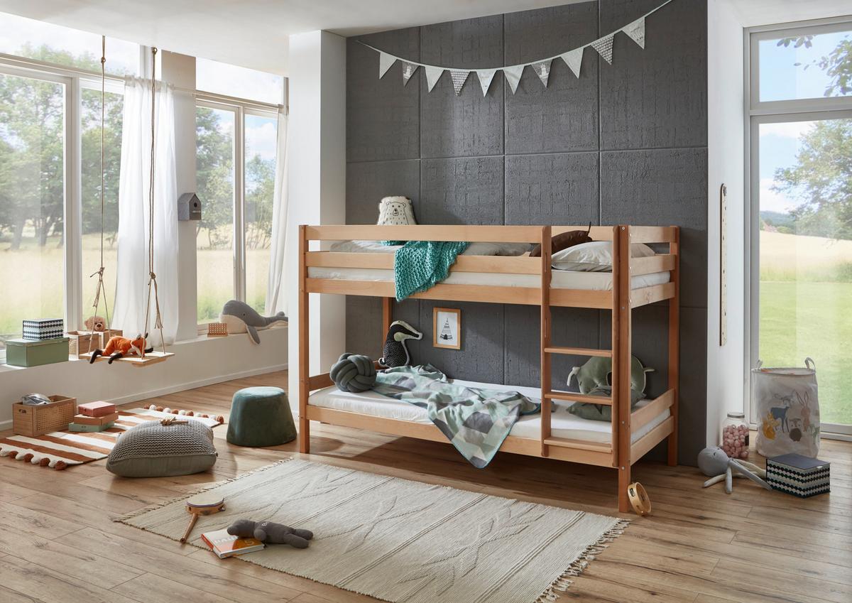 Etagenbett Lupo 2 Natur Buche Massiv Mit Absturzsicherung - Buchefarben, KONVENTIONELL, Holz (90/200cm)