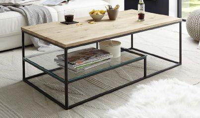 Couchtisch mit Holzplatte und Ablagefach Thore Eiche/Schwarz - Klar/Eichefarben, MODERN, Glas/Holz (110/60/42cm) - Livetastic