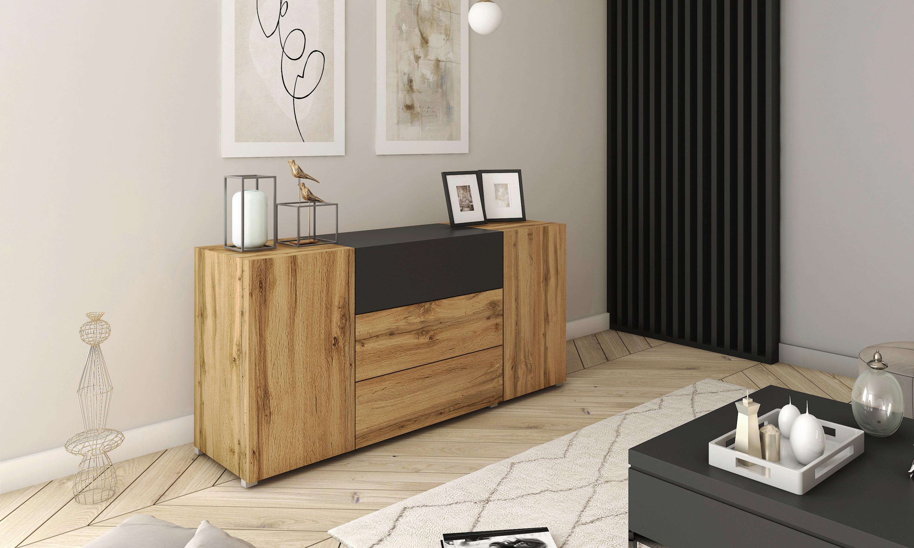 Sideboard Berlin 150 Eiche Wotan/Schwarz B: 150 cm - Eiche Wotan/Schwarz, Design, Holzwerkstoff (150/68/38,5cm) - MID.YOU