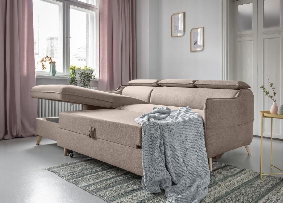 Rozkládací sedačka SIMONE, levé provedení - přírodní barvy/béžová, Moderní, dřevo/textil (228/82/95/162cm)