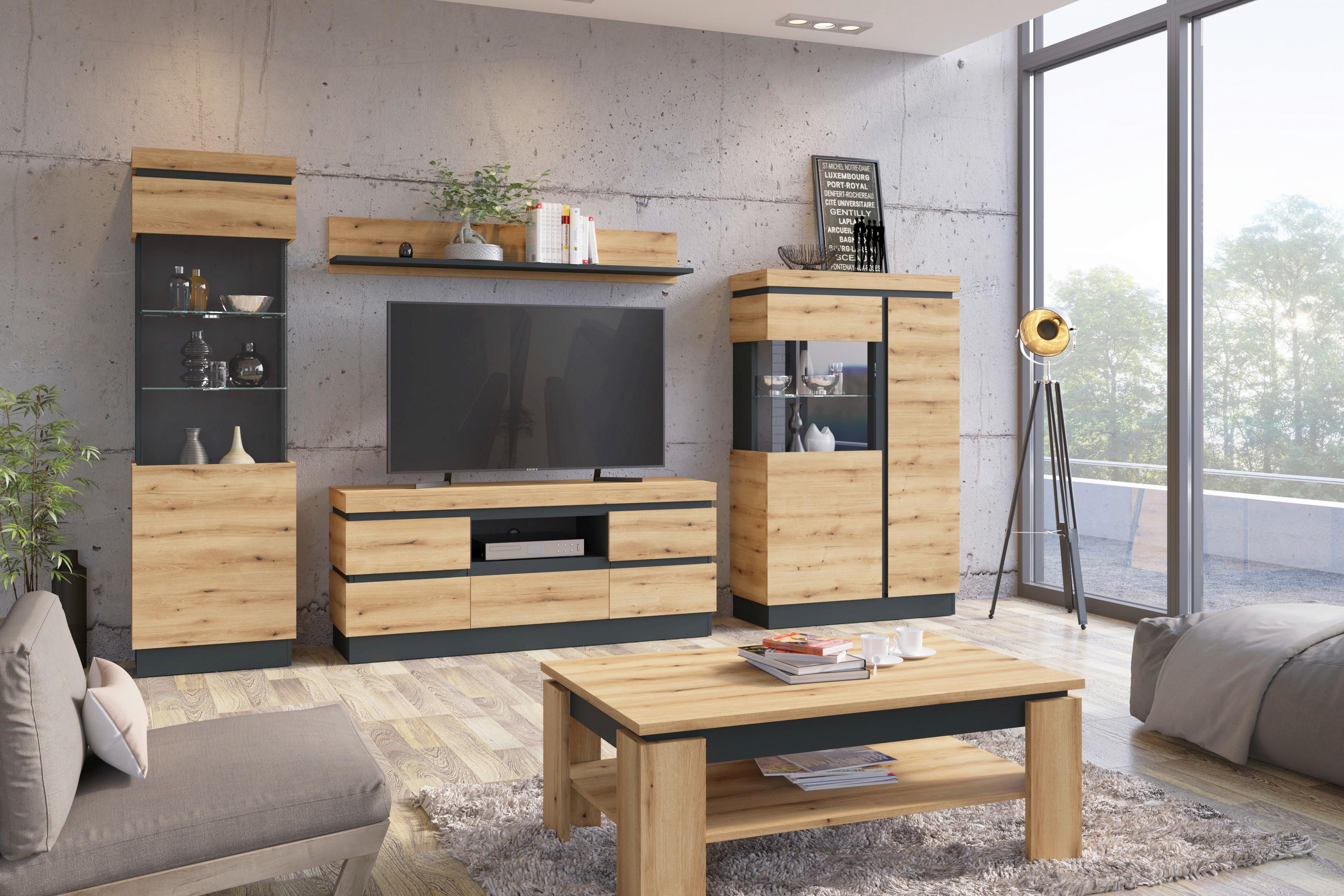 Stapelprogramm Corte Grau/eiche Dekor B: 324,5 Cm - Eichefarben/Grau, Trend, Glas/Holzwerkstoff (324,5/200,5/40cm)