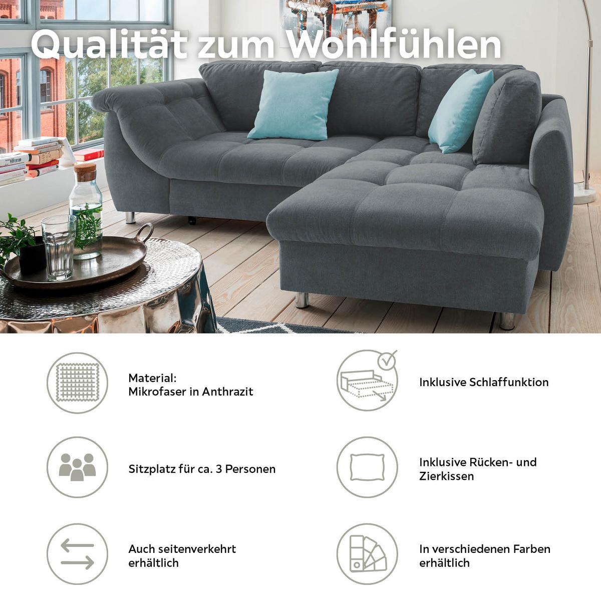 Ecksofa mit Schlaffunktion Agira Anthrazit/Blau 250x190cm - Blau/Chromfarben, Design, Textil (250/190cm) - Livetastic