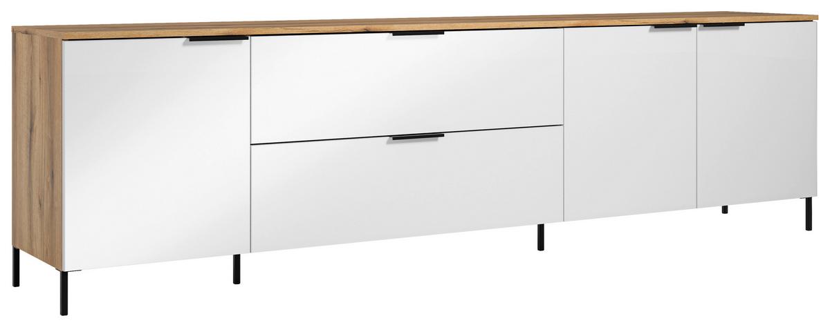 Wohnwand Austin 315 cm Eichefarben/Glasfront Weiss - Eichefarben/Weiß, Trend, Glas/Holzwerkstoff (315/140/40cm)