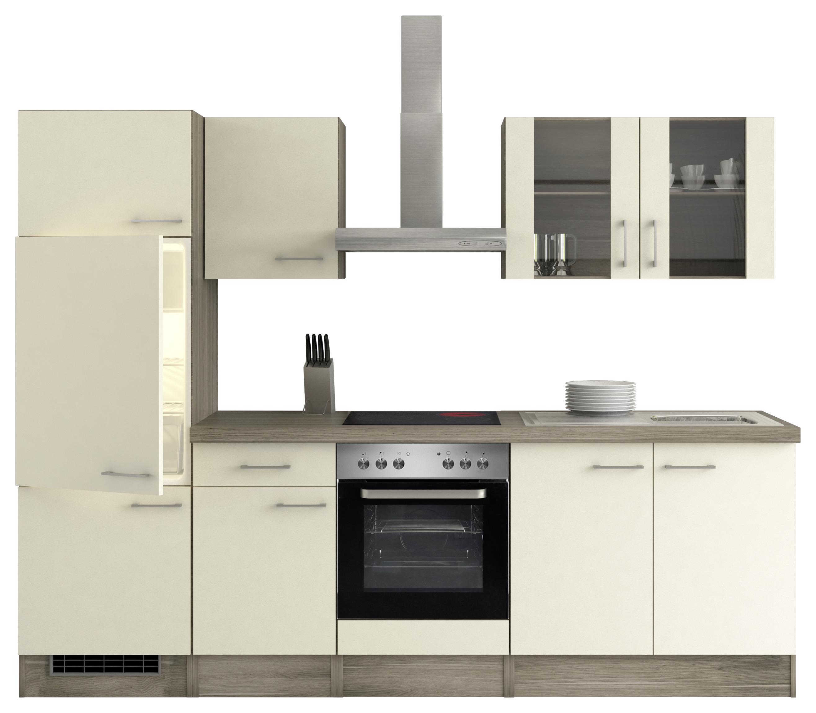 Küchenzeile Eico mit Geräten 270 cm Magnolie/Eiche Dekor - Eichefarben/Magnolie, MODERN, Holzwerkstoff (270cm) - MID.YOU