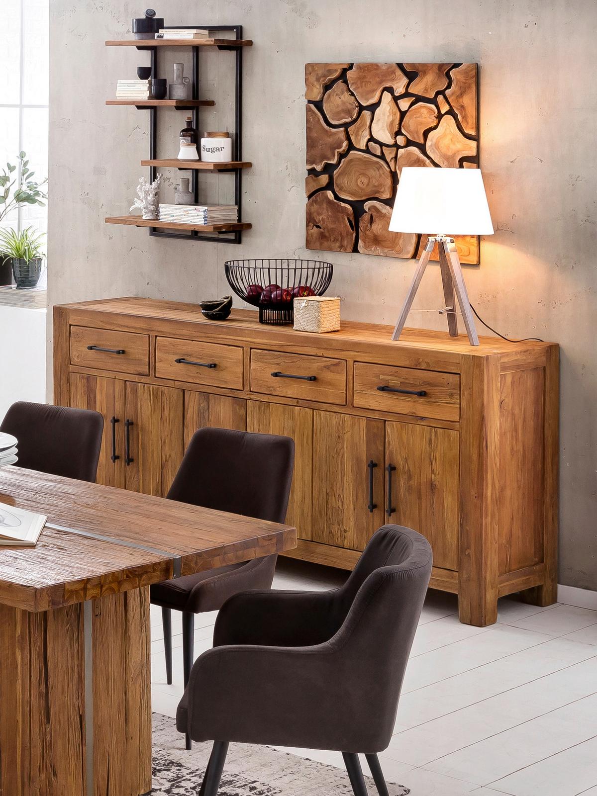Wandregal 4 Böden Teakholz/Metall B: 70cm - Schwarz/Naturfarben, Design, Holz/Metall (70/97/25cm) - MID.YOU