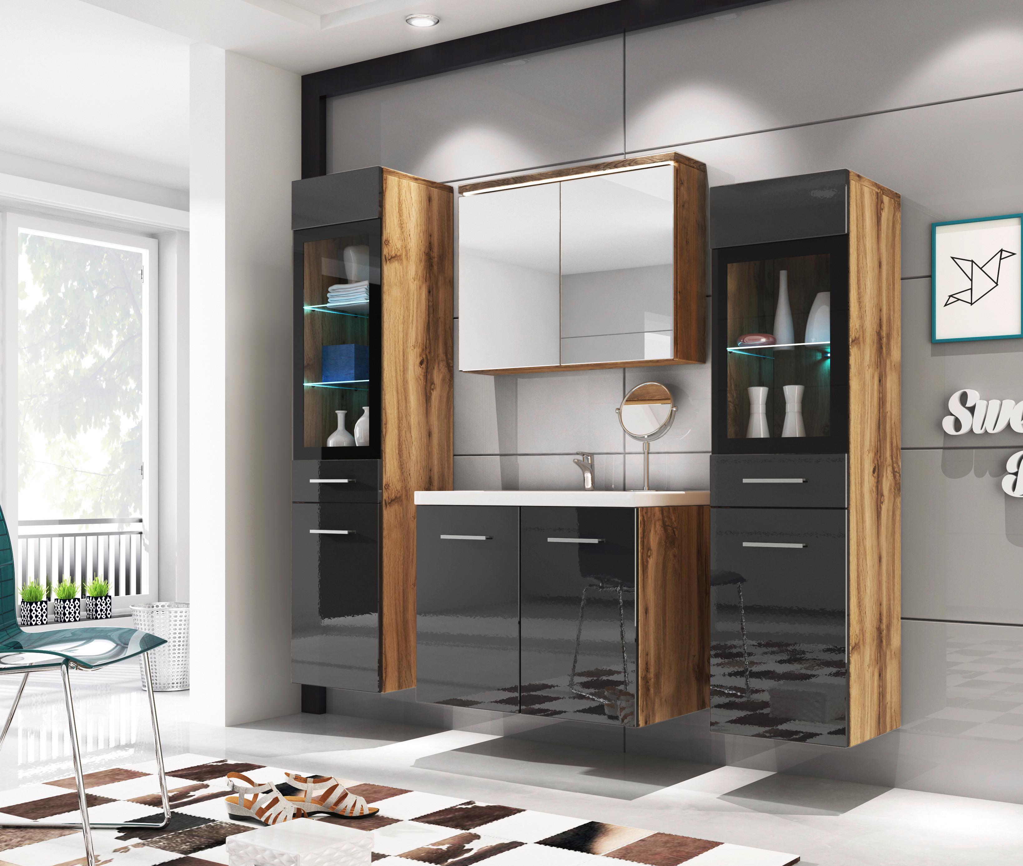 Badmöbel-Set 5--Teilig. inkl. LED Madrit Eiche Dekor/Schwarz HG