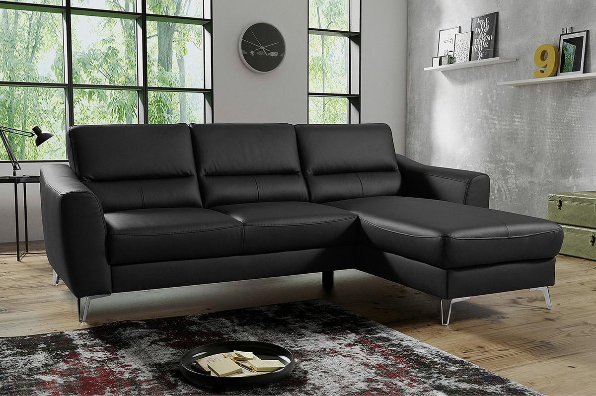 Ecksofa Santos Schwarz S: 241 cm - Chromfarben/Schwarz, Design, Leder/Textil (241/168cm) - Livetastic