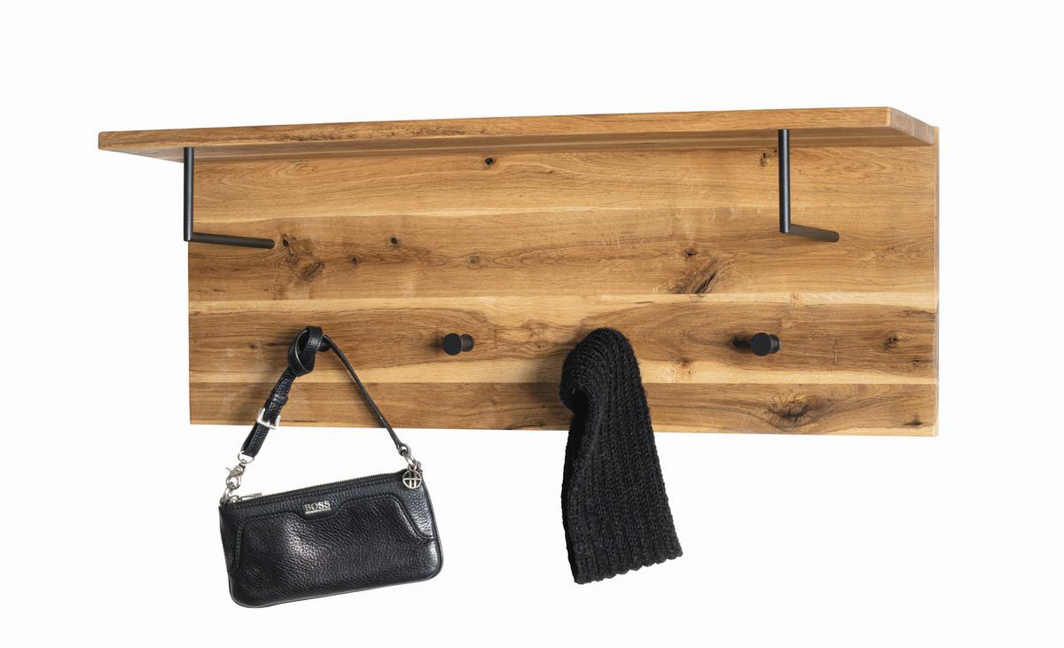 Garderobenpaneel Eiche Massiv Hutablage 4 Haken B: 80 cm - Eichefarben/Schwarz, Basics, Holz/Metall (80/30/20cm)