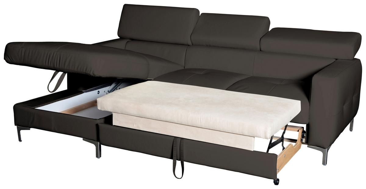 Ecksofa Mit Schlaffunktion Sammy Dunkelbraun Leder - Chromfarben/Dunkelbraun, Design, Leder (168/227cm) - Livetastic