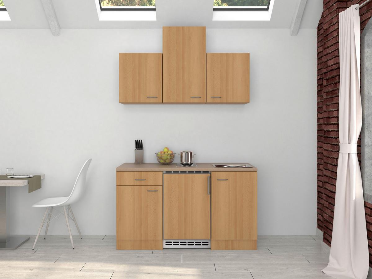 Miniküche mit Kühlschrank + Kochfeld 150 cm Creme/Buche - Beige/Buchefarben, MODERN, Holzwerkstoff (150cm) - FlexWell