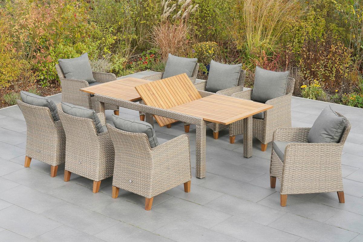 Gartentischgruppe Avellino 9--Teilig. Aus Akazie - Beige/Beigebraun, KONVENTIONELL, Holz/Kunststoff - Gardenson