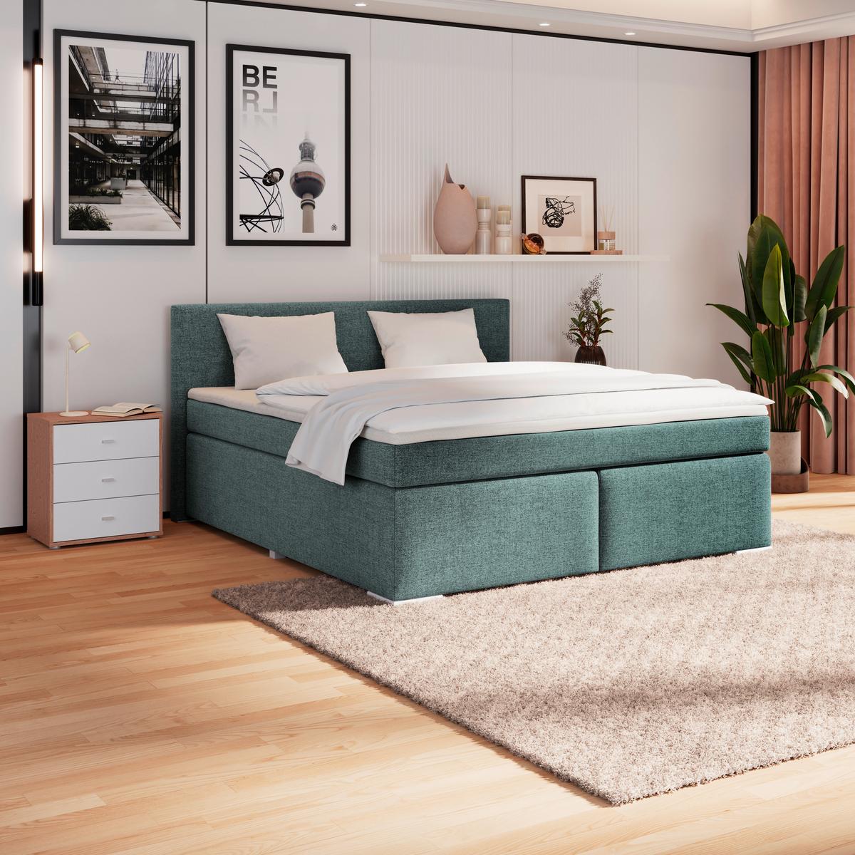 Boxspringbett Mira Webstoff Blau, Lf: 180x200cm - Blau/Silberfarben, KONVENTIONELL, Holz/Textil (180/200cm)