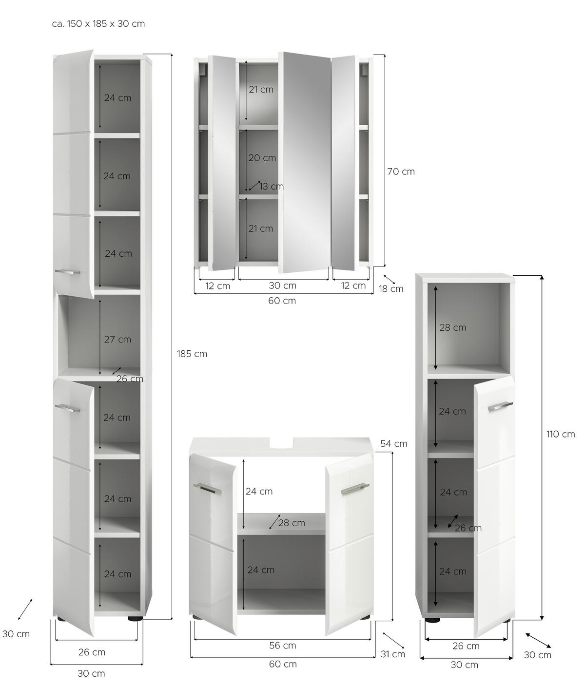 Badezimmer Ice Weiß Hg B: 120 Cm - Weiß Hochglanz/Schwarz, MODERN, Holzwerkstoff (120/185/31cm) - MID.YOU