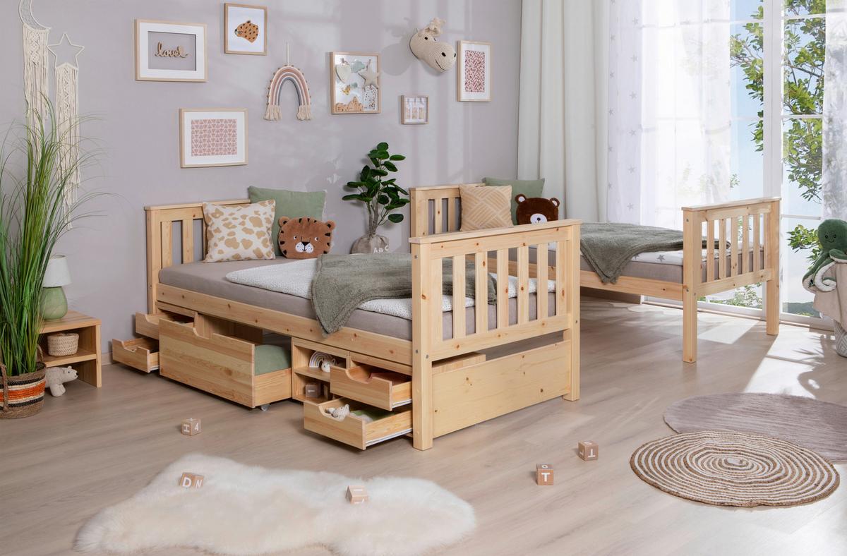 Etagenbett Sammy Kiefer Massiv 90 cm mit Bettkasten + Leiter - Naturfarben, MODERN, Holz (90/200cm) - MID.YOU