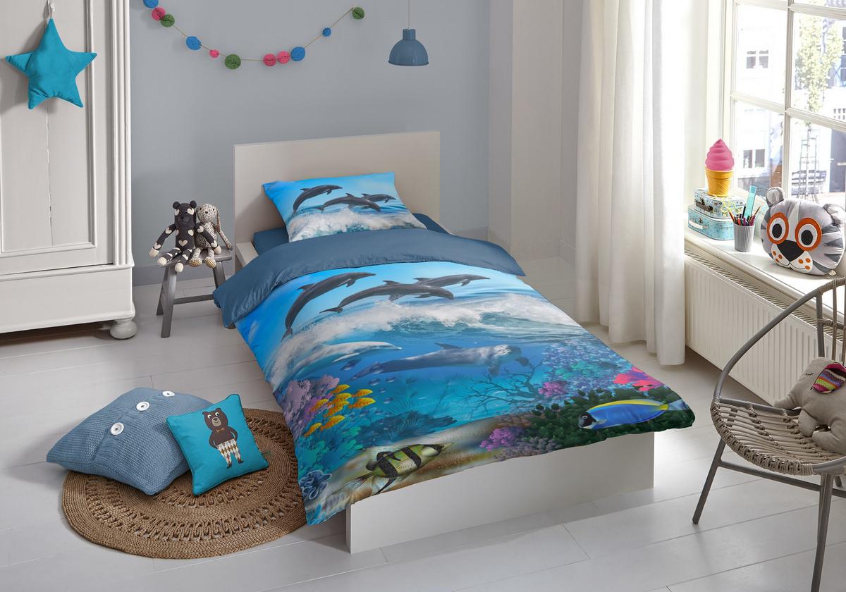 Kinderbettwäsche 140x200 Cm André Delfin Baumwolle - Blau, Basics, Textil (140/200cm)