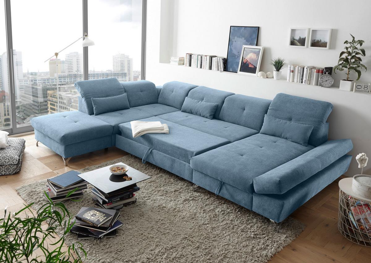 Ecksofa Melfi Blau U: 245 cm - Blau/Silberfarben, MODERN, Textil (245/350/168cm) - MID.YOU