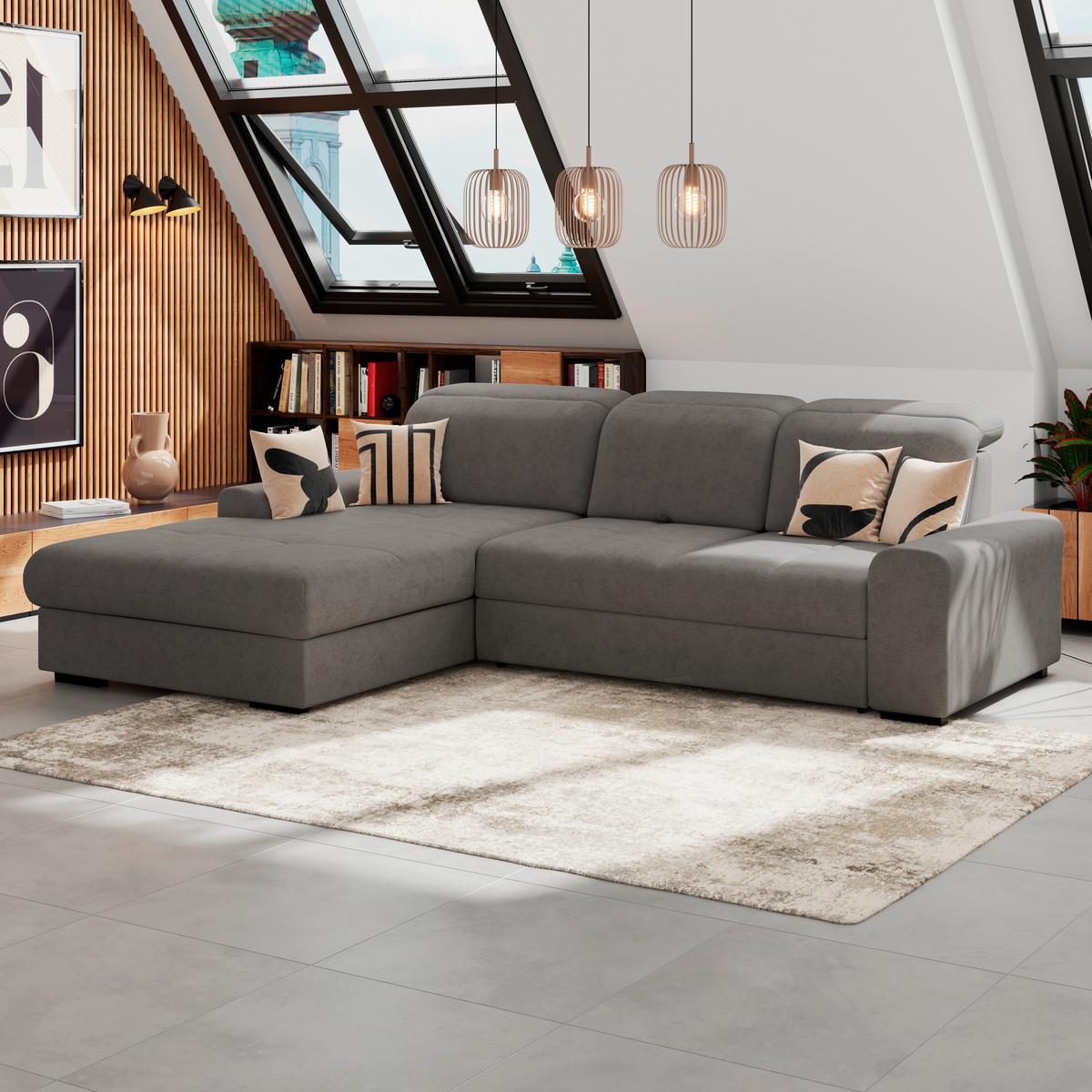 Ecksofa mit Bettfunktion Malaga new Chenille anthrazit - Anthrazit/Schwarz, KONVENTIONELL, Textil (203/286cm) - Ondega