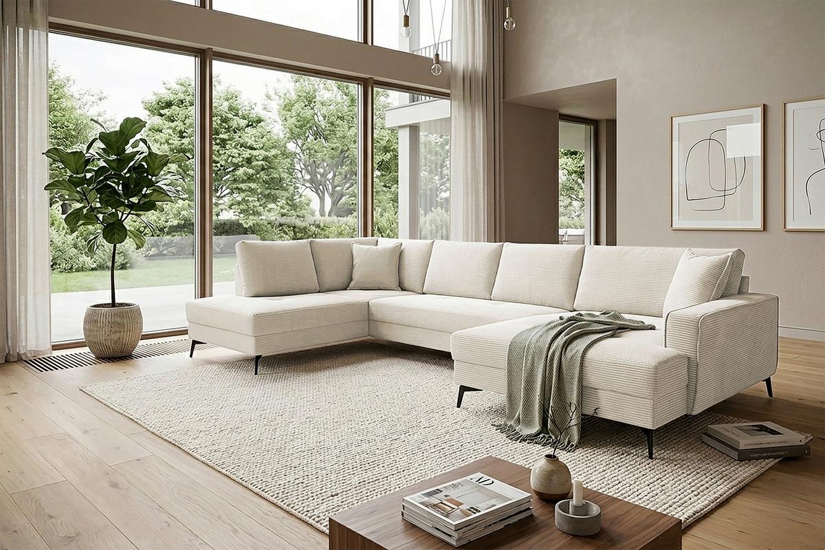 Wohnlandschaft Zero Creme U-Form 195x362x173 cm - Creme/Schwarz, Trend, Textil (195/362/173cm)