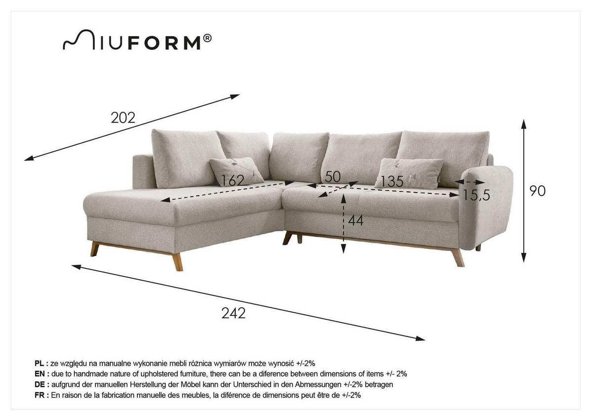 Sedačka LUCILE L, levá, tyrkysová, úl.prostor a lůžko - přírodní barvy/tyrkysová, dřevo/textil (202/242cm) - MID.YOU