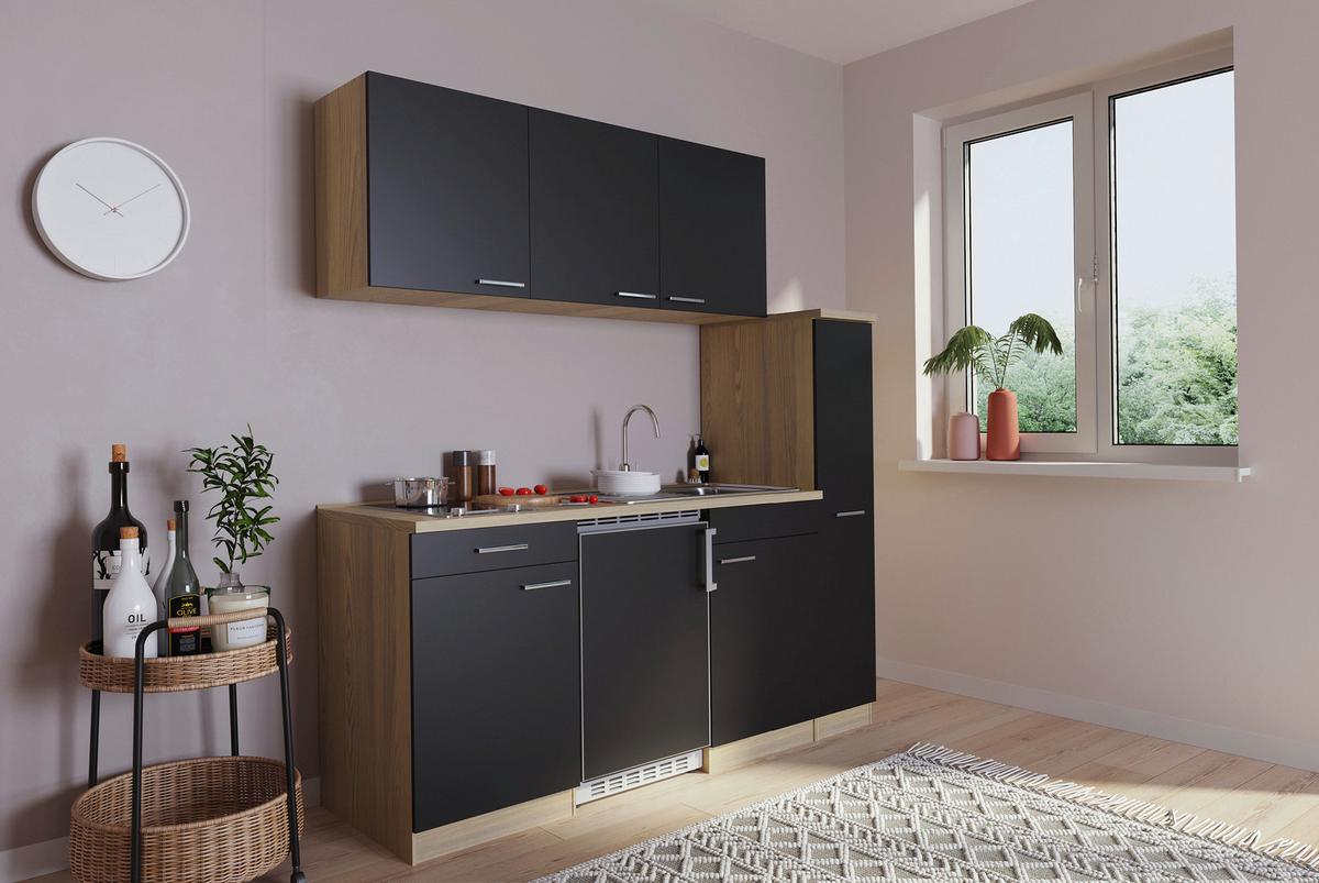 Küchenblock Luis Singleküche 180 cm - Eichefarben/Schwarz, Basics, Holzwerkstoff (180cm) - Respekta