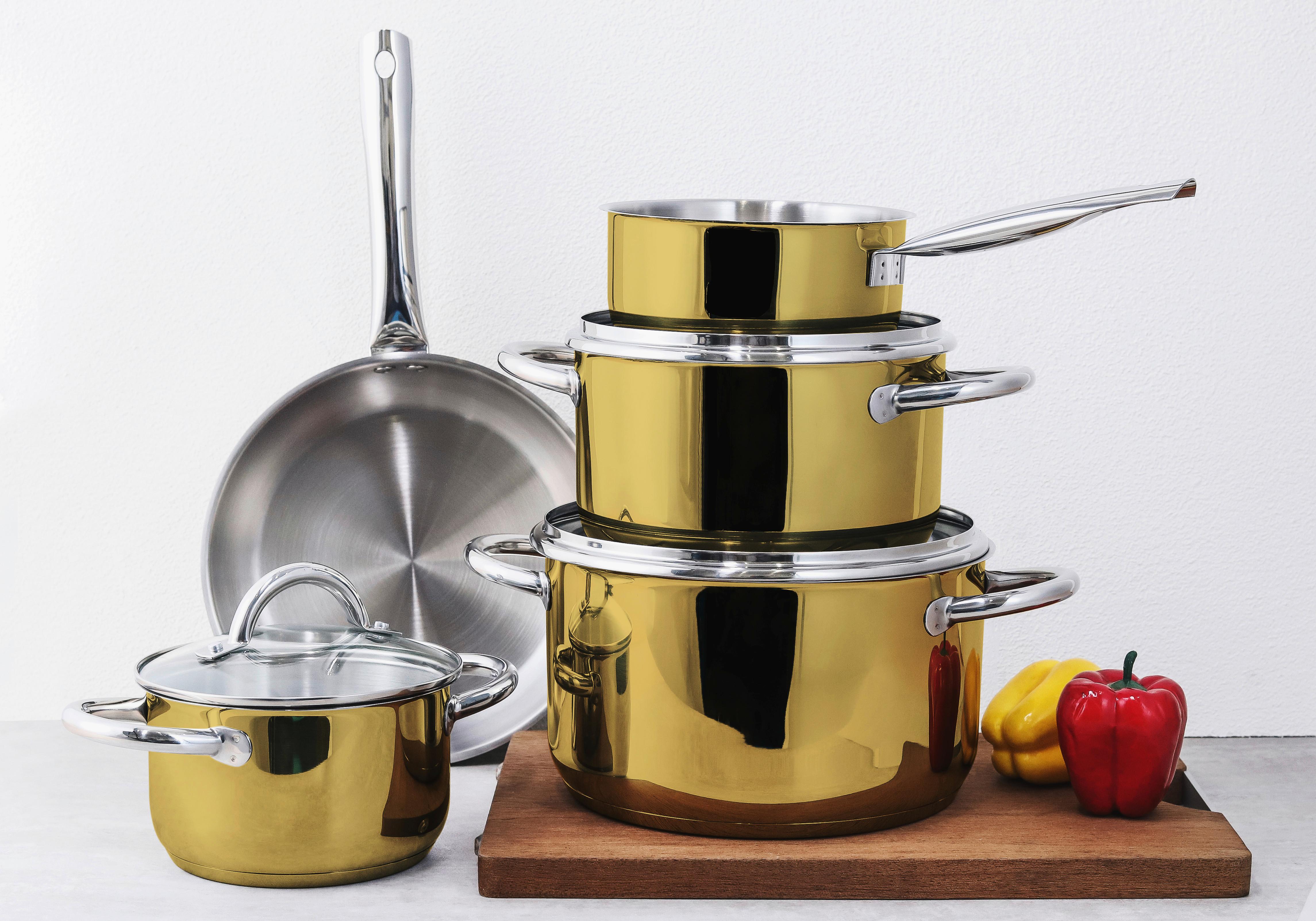 Echtwerk Kochtopfset 8-Tlg. Edelstahl Dampfablass - Goldfarben, Basics, Glas/Metall - Echtwerk