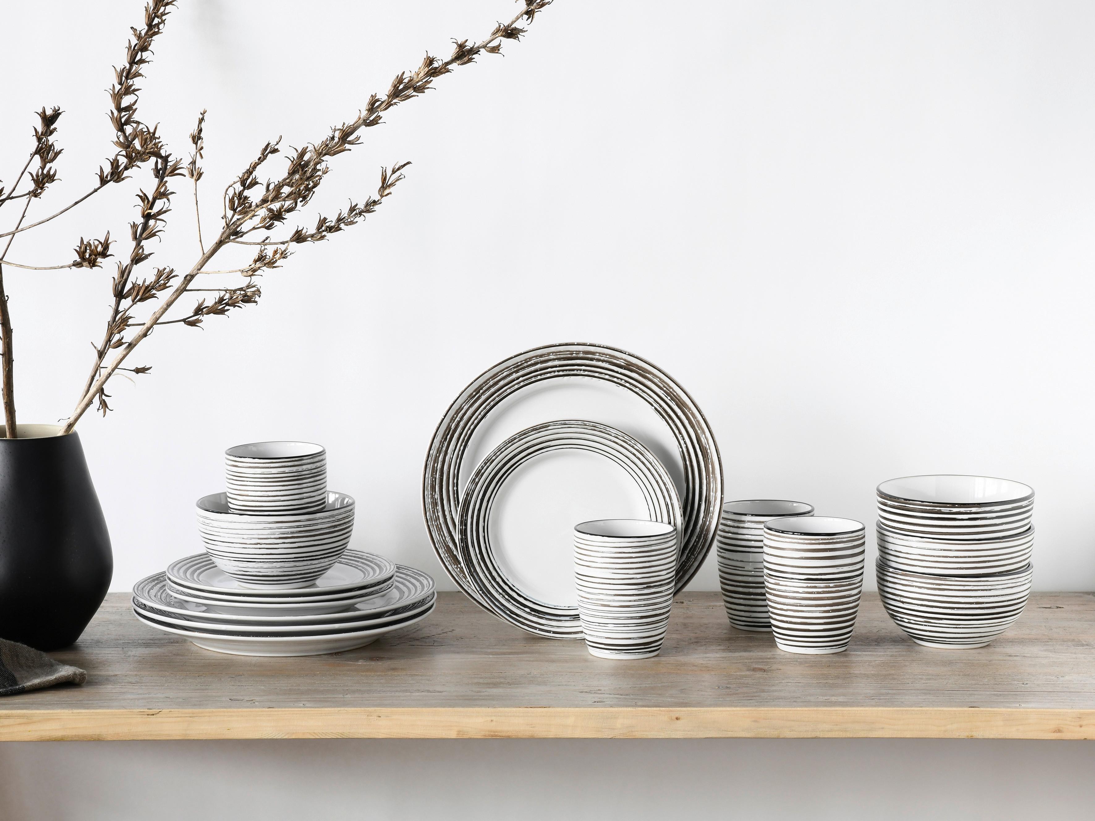 Kombiservice Gomera Keramik 4 Personen Geschirr Set - Schwarz/Weiß, Basics, Keramik - Creatable