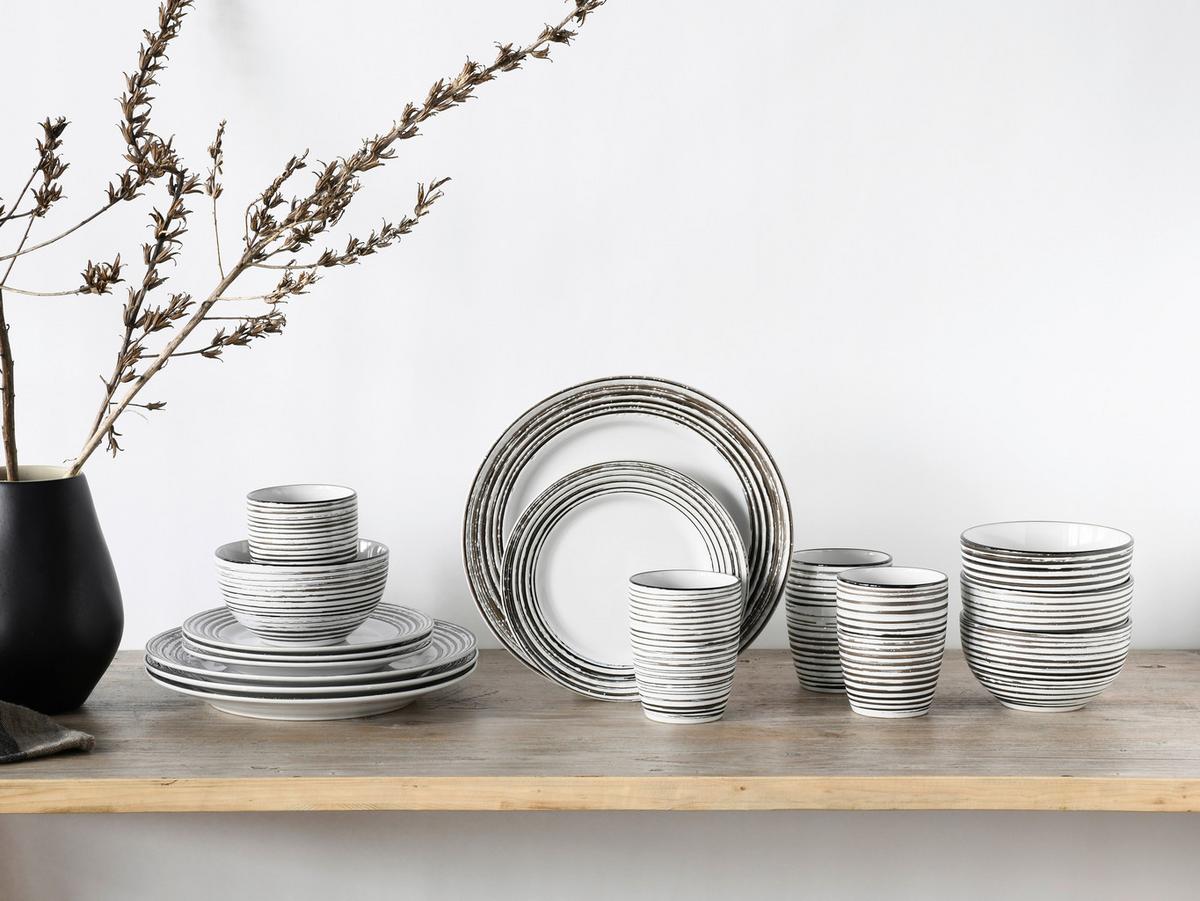 Kombiservice Gomera Keramik 4 Personen Geschirr Set - Schwarz/Weiß, Basics, Keramik - Creatable