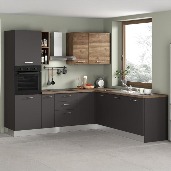 Eckküche Freia Mit Geräte 250x225 Cm Anthrazit/nussbaum - Walnussfarben/Alufarben, LIFESTYLE, Holzwerkstoff/Kunststoff (250/225cm) - MID.YOU