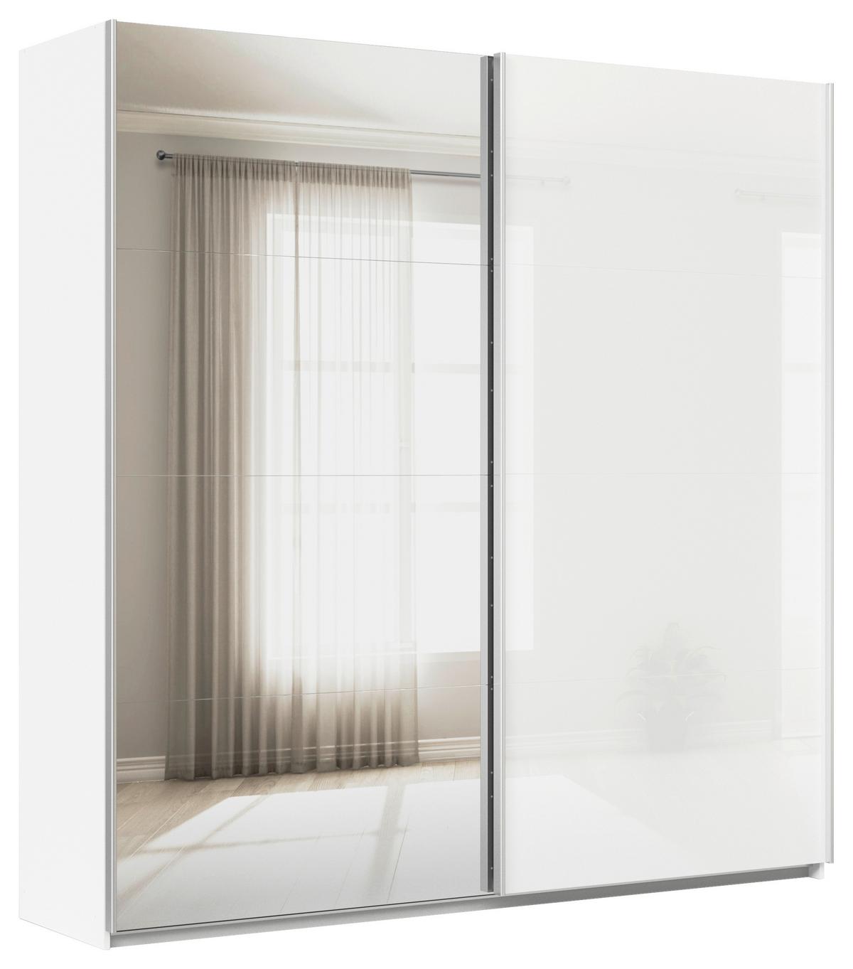 Tolóajtós Szekrény Feldkirch 225/229/62cm - ezüst/magasfényű fehér, Modern, faalapú anyag/Üveg (225/229/62cm)