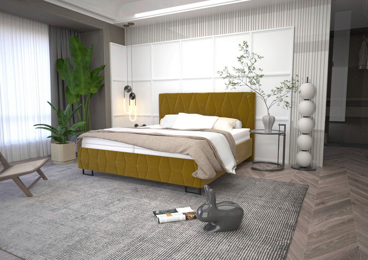Čalúnená posteľ ATESSA 180x200 cm, kari žltá - prírodná farba/kari žltá, Modern, drevo/textil (180/200cm)
