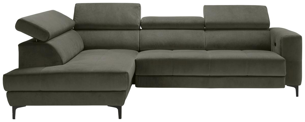 Rohová sedačka EMMA, levá, šedozelená,op.hl.,USB,el.výsuv - černá/šedozelená, Moderní, textil (210/301cm) - Premium Living
