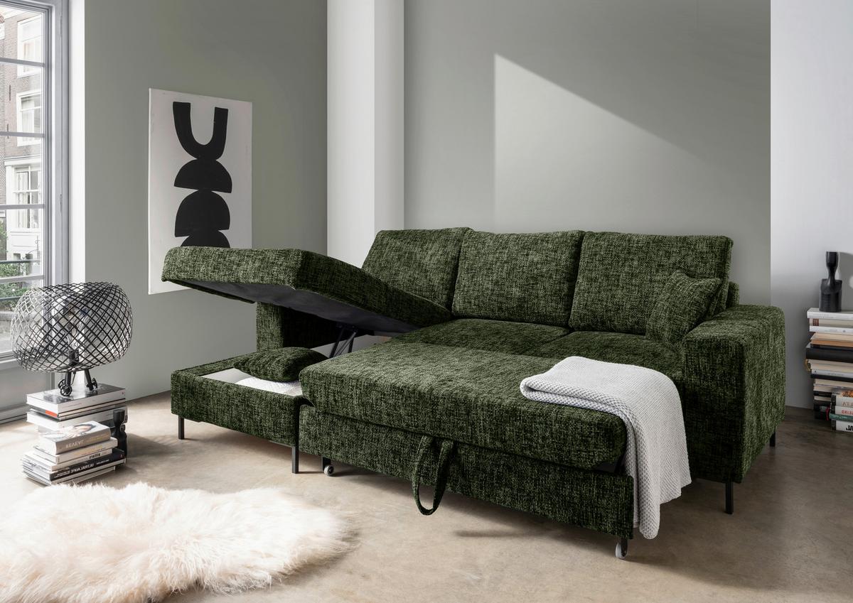 Eckschlafsofa Zona, D. Grün S: 143x237 Cm - Dunkelgrün/Schwarz, KONVENTIONELL, Textil (143/237cm) - Livetastic